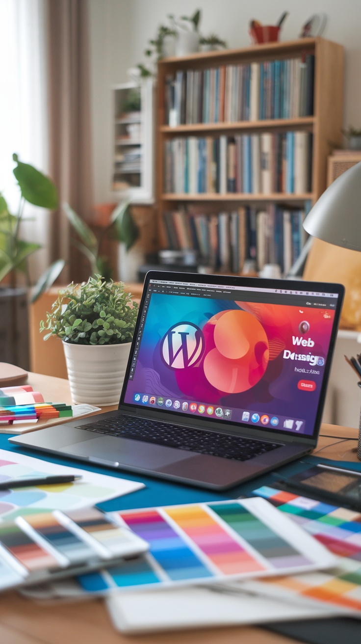 A workspace with a laptop displaying WordPress design, color swatches, and plants.