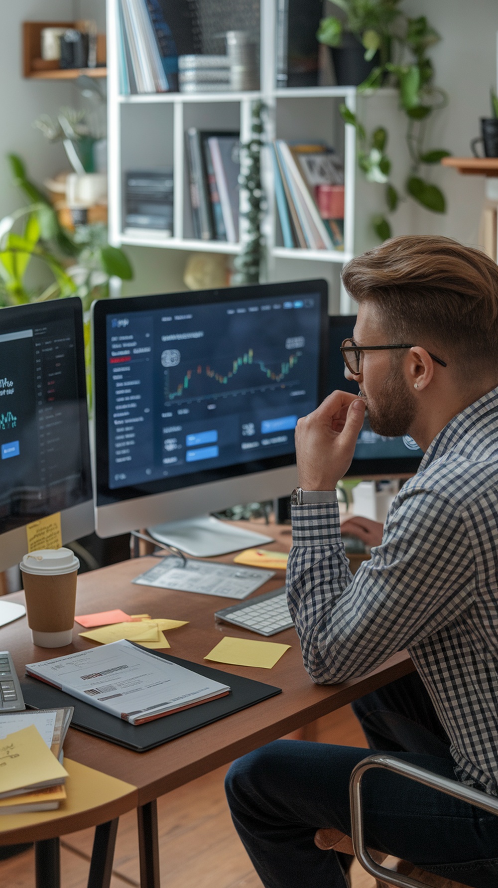 A person analyzing data on multiple computer screens in a home office setting.