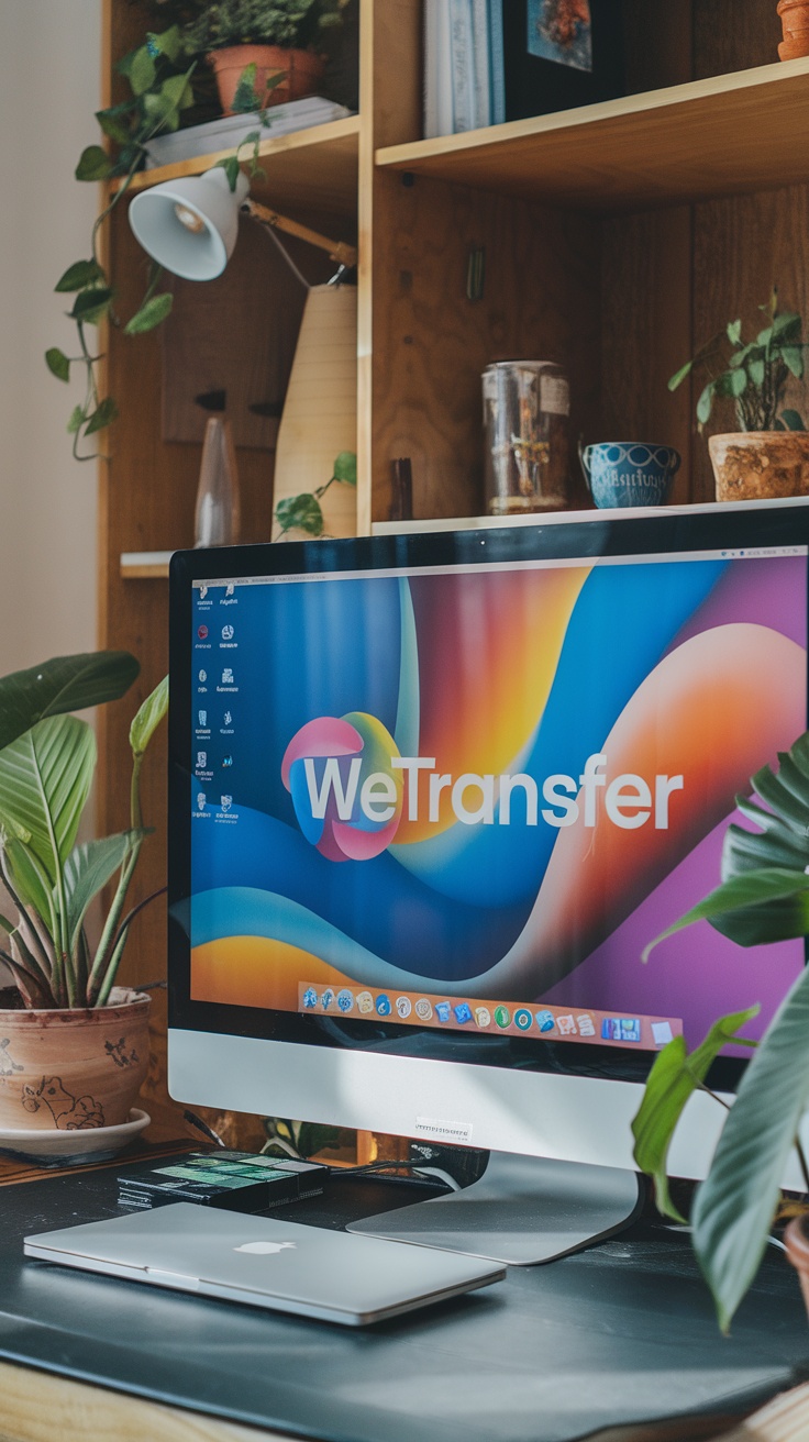 A workspace with a computer displaying WeTransfer, showcasing a friendly file sharing tool for remote teams.