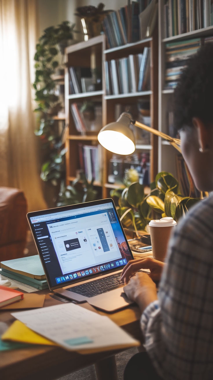 A person managing a WordPress site on a laptop at a cozy workspace, surrounded by books and plants.