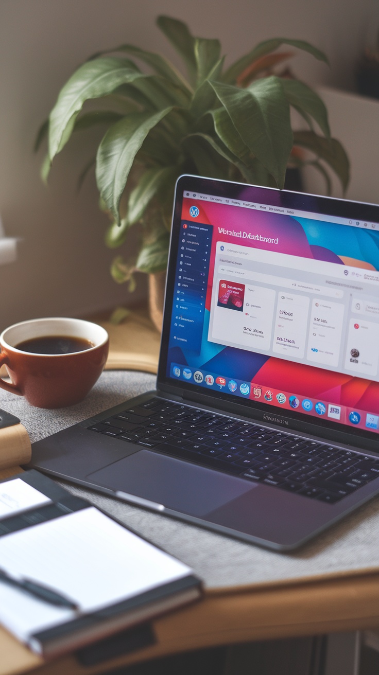 A laptop displaying a WordPress dashboard on a desk with a cup of coffee and notepad.