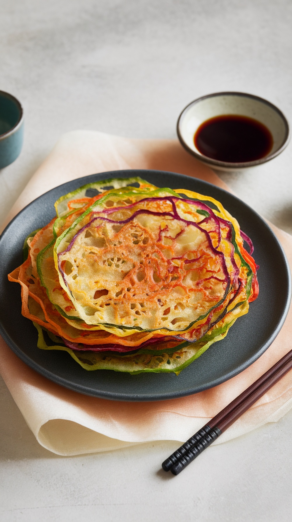 A plate of colorful vegetable pancakes served with dipping sauce.