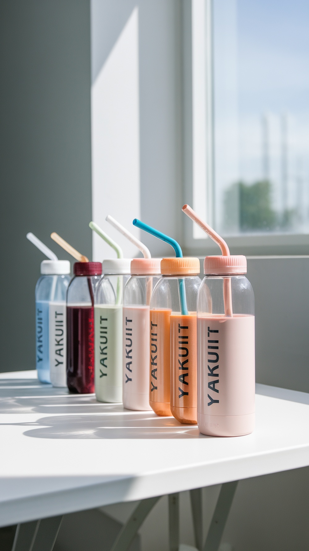 A selection of colorful Yakult probiotic drinks displayed on a table.