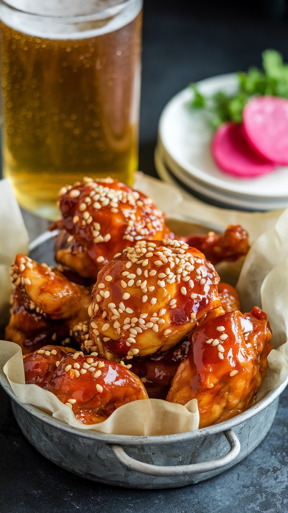 A serving of Yangnyeom Tongdak, Korean Fried Chicken, garnished with sesame seeds.