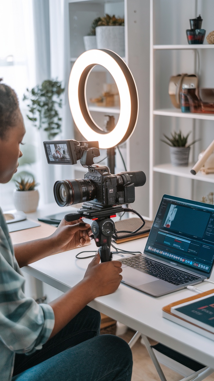 Someone setting up a camera with a ring light for a video.