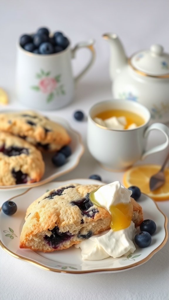 A plate of blueberry lemon scones served with cream and lemon curd, with blueberries in the background.