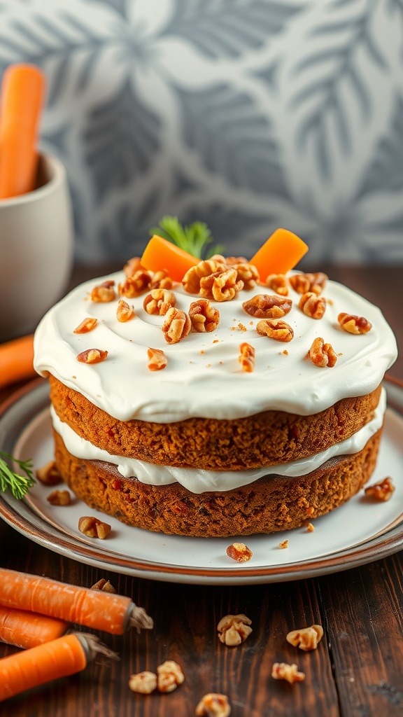 A delicious carrot cake with cream cheese frosting, topped with nuts, on a plate.