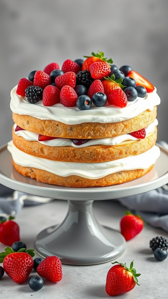 A layered chiffon cake topped with fresh strawberries, blueberries, blackberries, and raspberries.