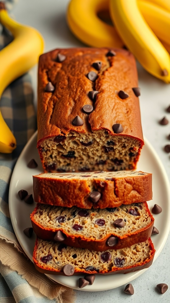 A loaf of chocolate chip banana bread sliced, showcasing soft texture and chocolate chips, with bananas in the background.
