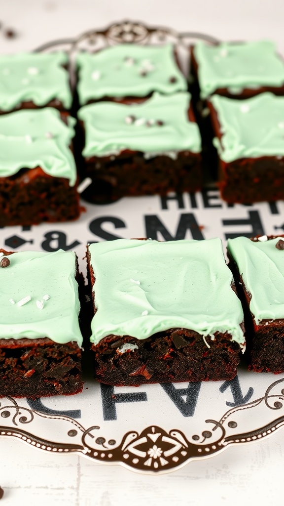 Chocolate mint brownies with mint frosting on a decorative plate