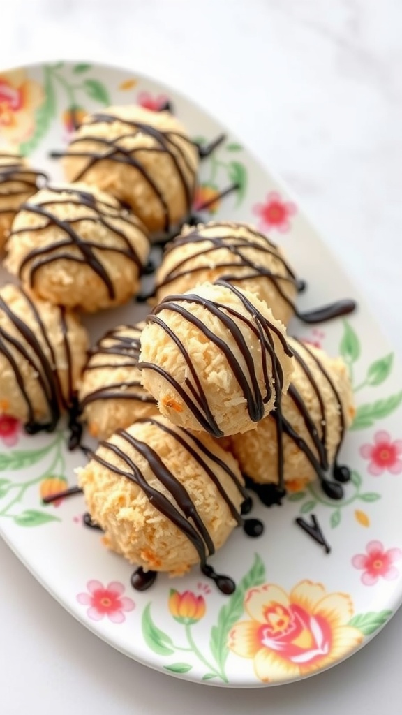 Coconut macaroons drizzled with chocolate on a floral plate.