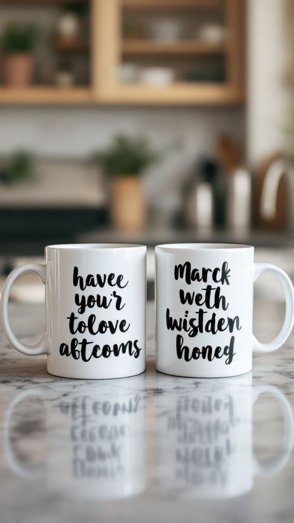 A customized mug set with playful phrases
