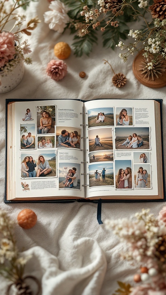 A beautifully arranged open photo album with various pictures and floral decorations.