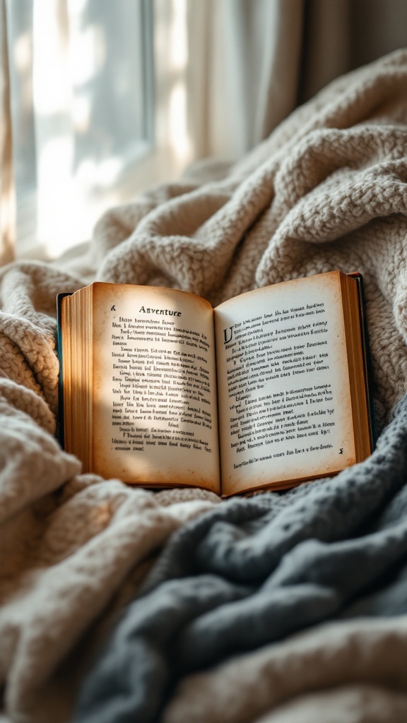 An open book on a cozy blanket, suggesting a warm and inviting atmosphere for ideas.