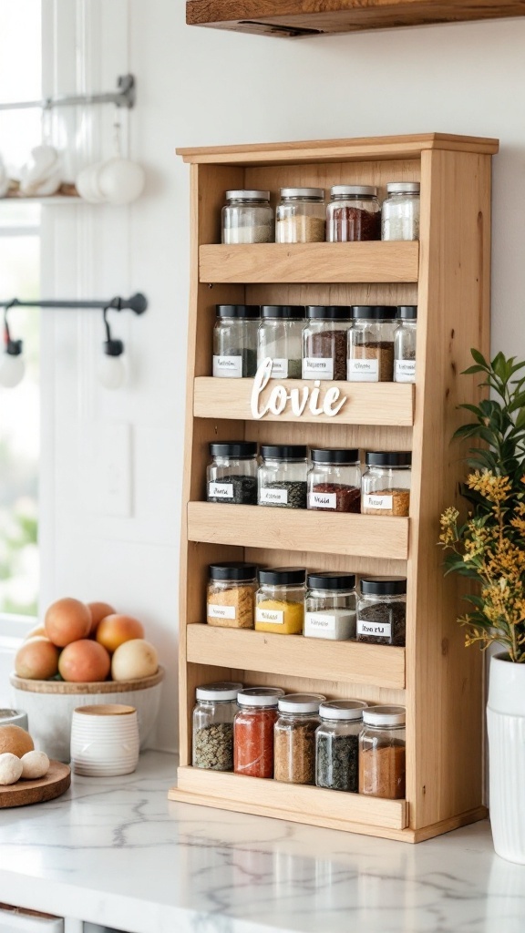 A wooden spice rack with labeled jars and a decorative touch.