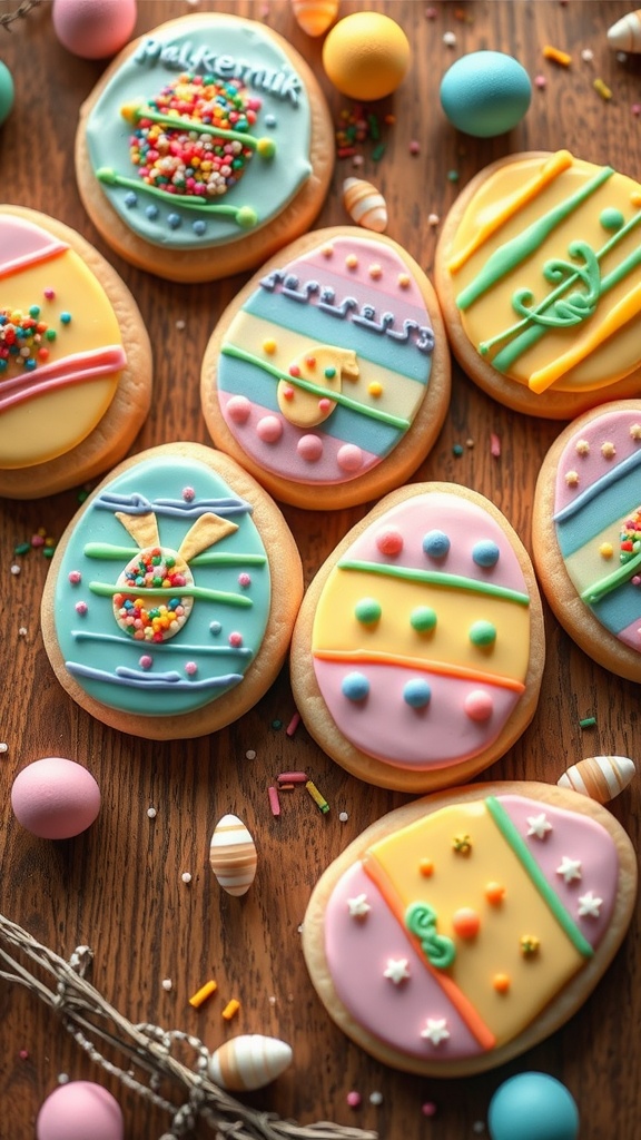 Decorated Easter egg cookies with colorful icing and sprinkles on a wooden table.