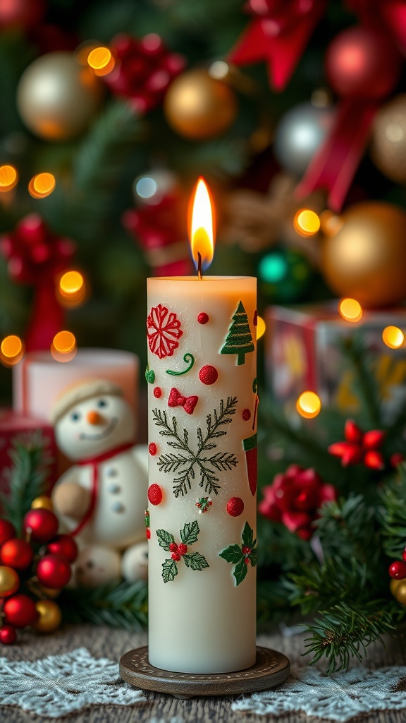 A festive candle decorated with holiday designs, surrounded by Christmas decorations.