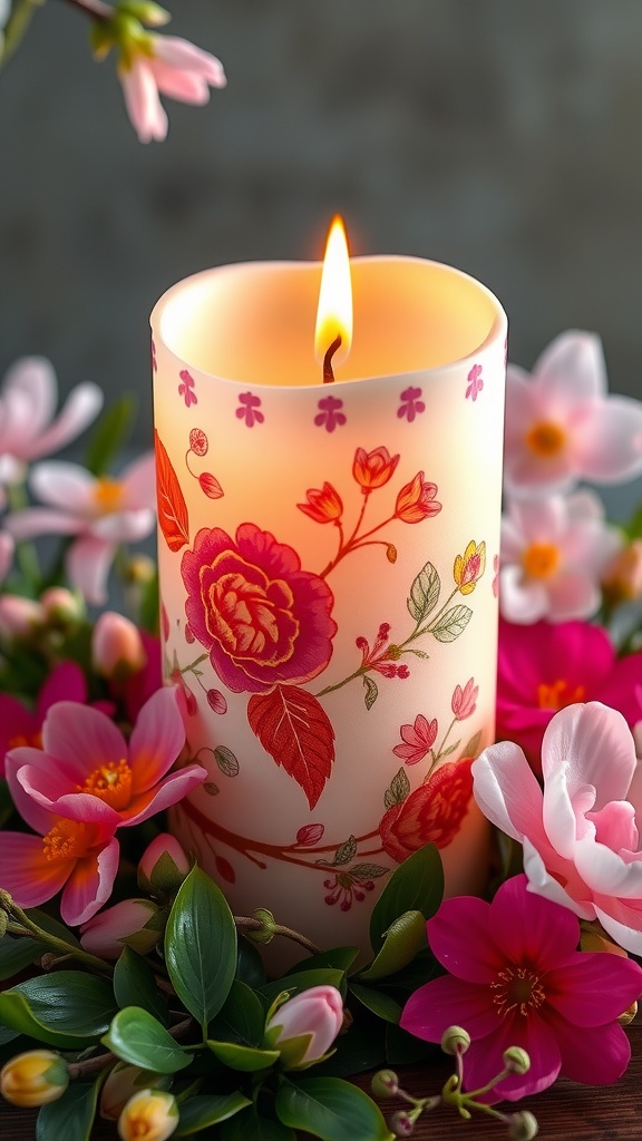 A beautifully painted candle adorned with floral patterns, surrounded by vibrant flowers.