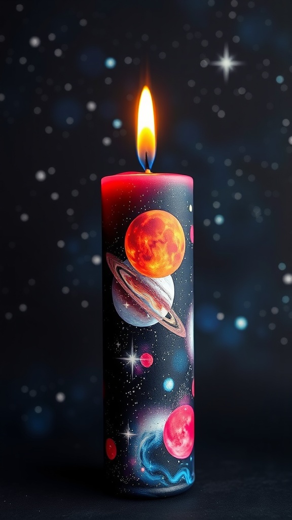 A beautifully painted candle featuring a galaxy design with planets and stars.