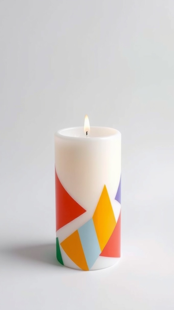 A candle decorated with bold geometric shapes in vibrant colors.