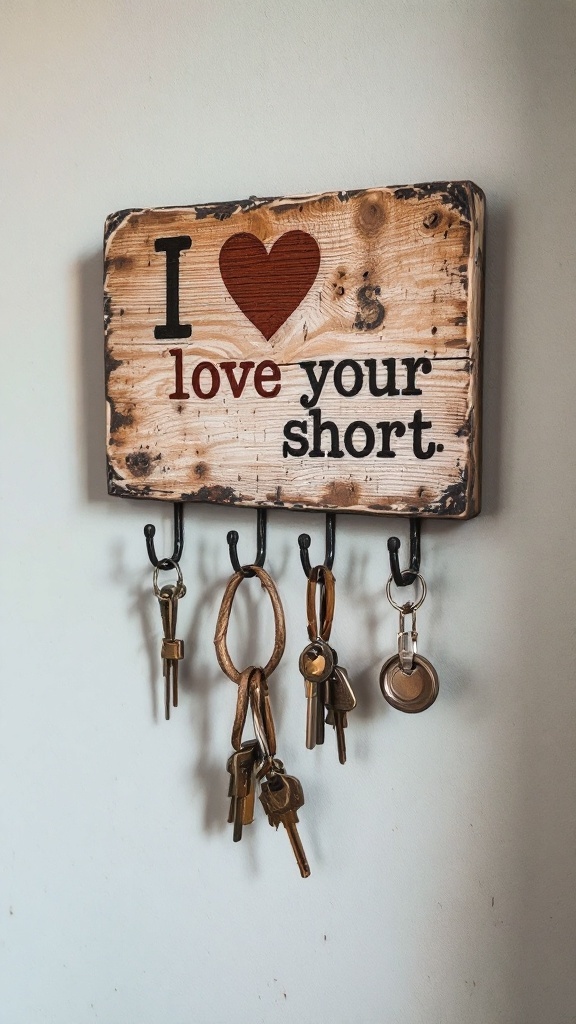 A rustic wooden key holder with a playful message and several hooks for keys.