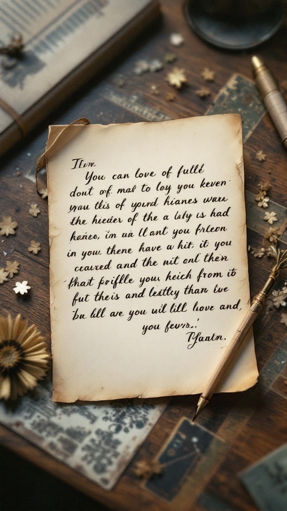 Handwritten love letter on aged paper with a quill pen, surrounded by flowers and vintage items.