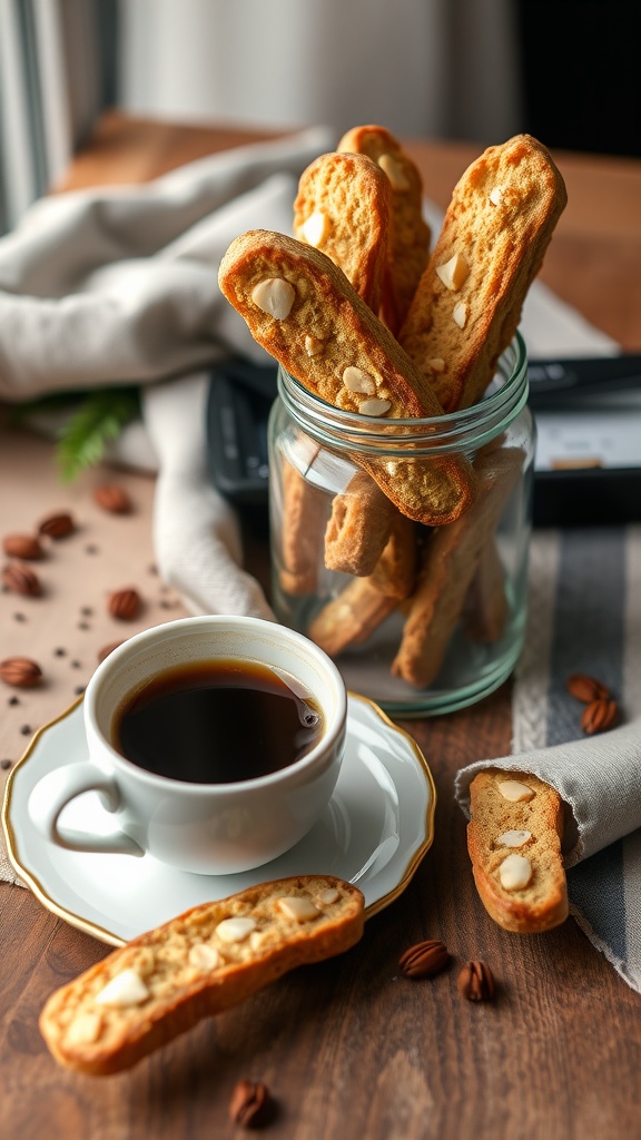 A jar of honey almond biscotti next to a cup of coffee on a wooden table.