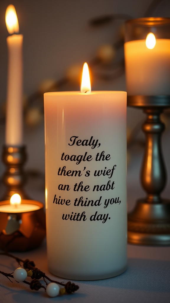 A lit candle with an inspirational quote on it, surrounded by other candles and decorative elements.