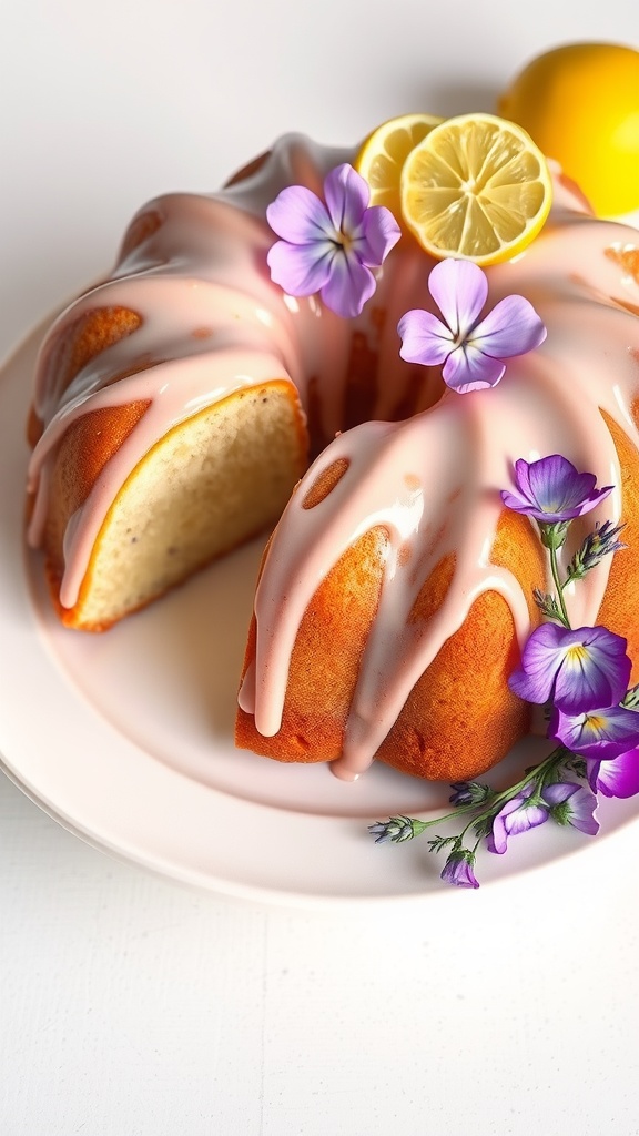 Lemon lavender bundt cake with flowers and lemon slices on top.