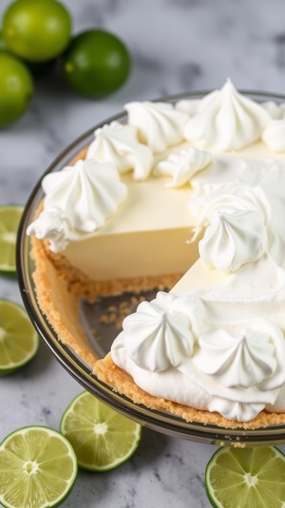 A delicious lime meringue pie with whipped cream topping and lime slices on the side