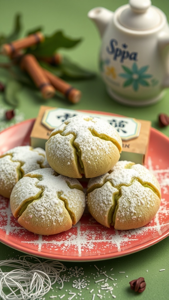 A plate of matcha green tea cookies dusted with powdered sugar, with a teapot in the background.