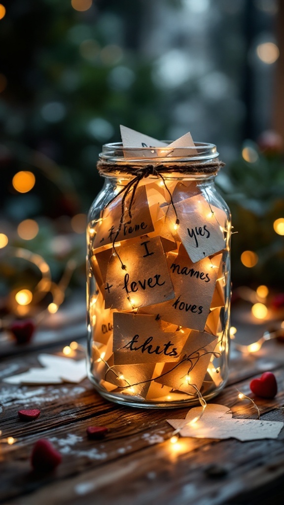 A memory jar filled with handwritten notes and fairy lights surrounded by heart decorations.