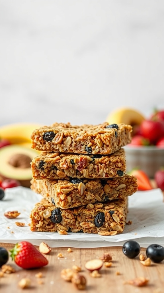 Stack of nutty granola bars with fruits in the background