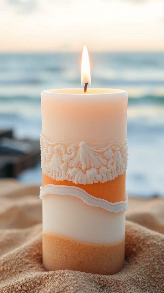 A candle designed with ocean wave and beach scene themes, featuring layered colors and decorative elements.