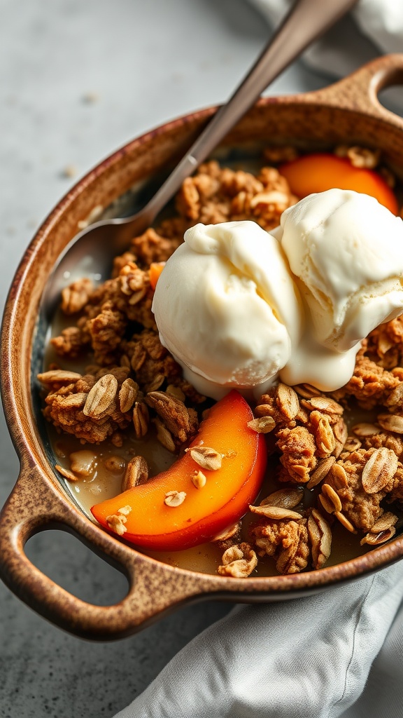 A bowl of peach crisp topped with oat crumble and ice cream, with slices of peach visible.