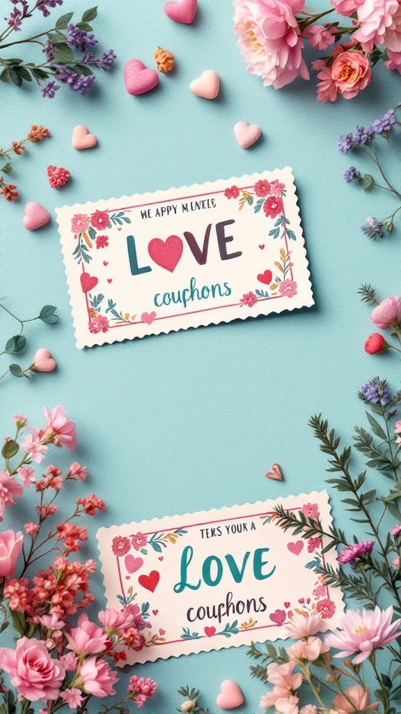 Colorful love coupons surrounded by flowers and heart-shaped candies.
