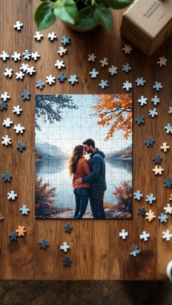A personalized puzzle with a couple's photo surrounded by scattered puzzle pieces.