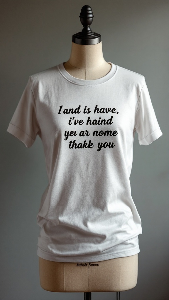 A white t-shirt with a quirky text design displayed on a mannequin.