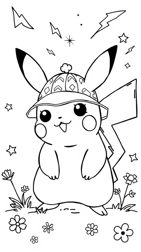 A coloring page of Pikachu wearing a hat, surrounded by flowers and stars.