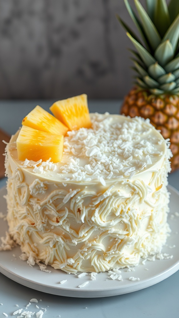A beautifully decorated Pineapple Coconut Cake with fresh pineapple slices and shredded coconut.