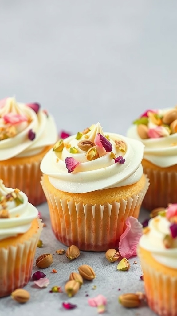 Pistachio and rose water cupcakes with frosting and decorative toppings