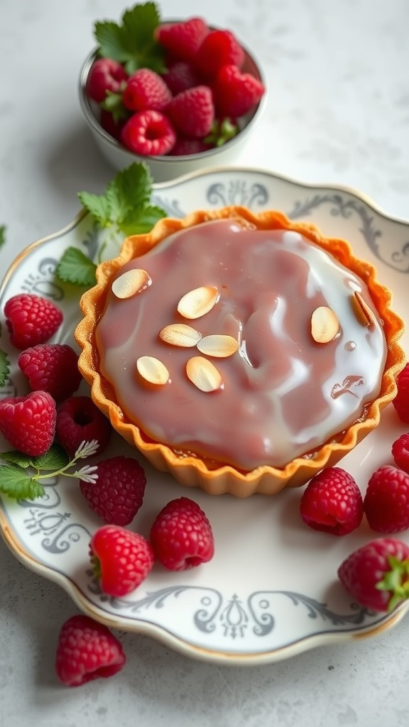 A raspberry almond tart on a decorative plate, surrounded by fresh raspberries.
