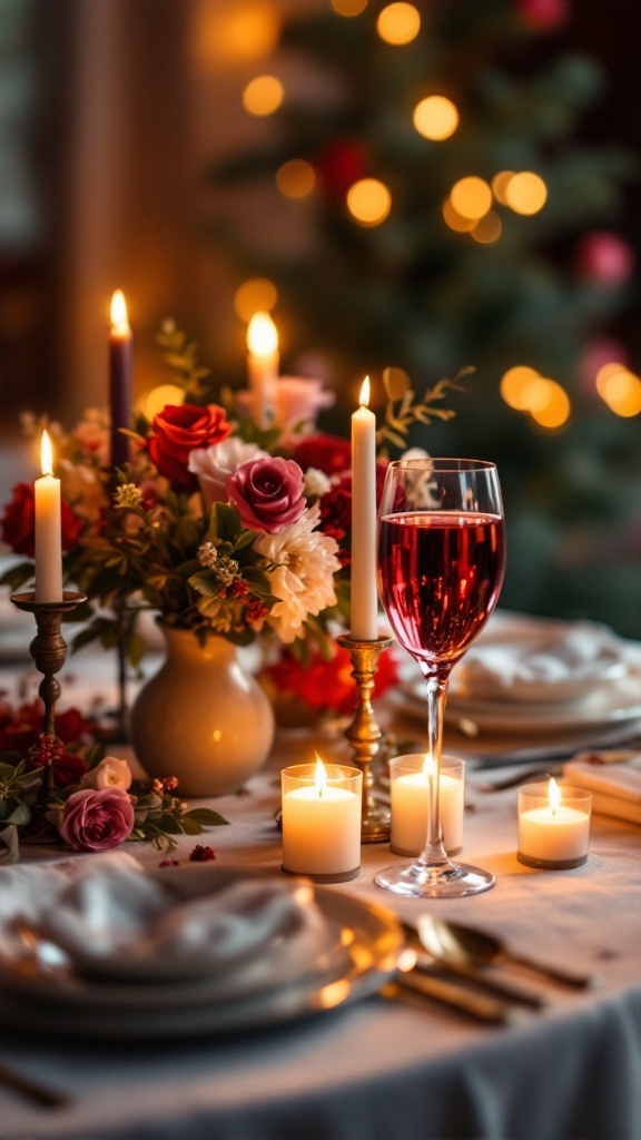 A beautifully set table with candles and flowers for a romantic dinner.