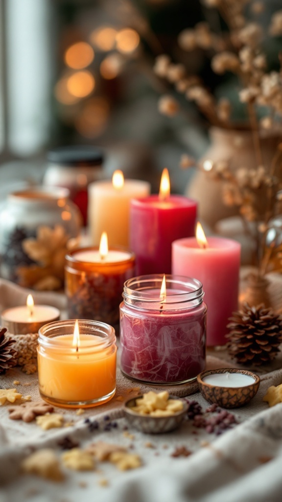 A collection of lit scented candles in various colors, surrounded by decorative elements.