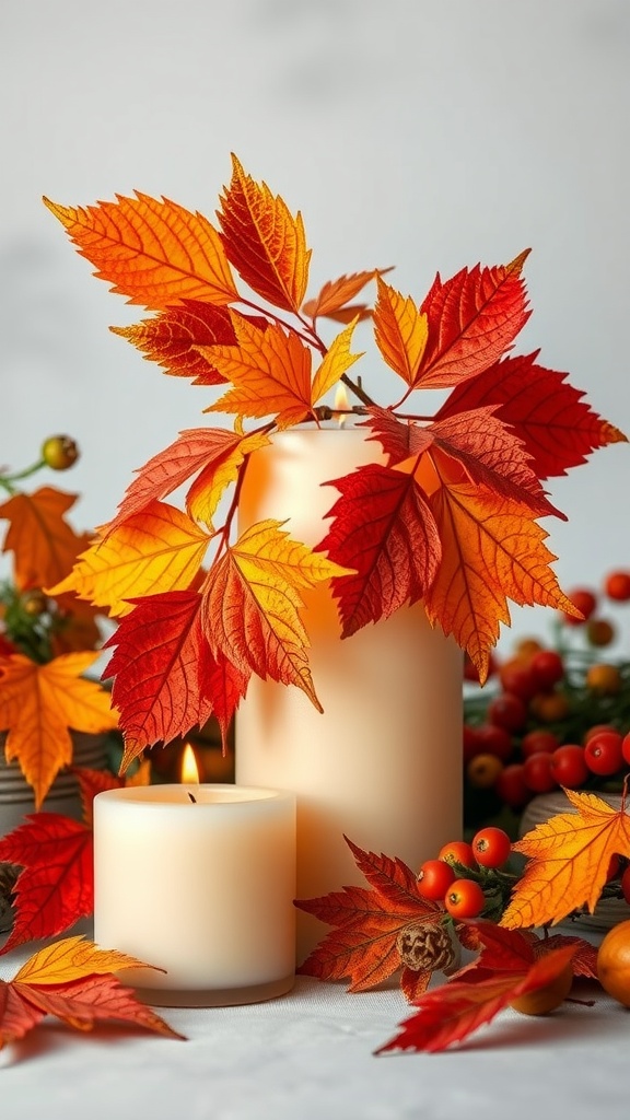 Candle painting featuring autumn leaves in red, orange, and yellow colors.