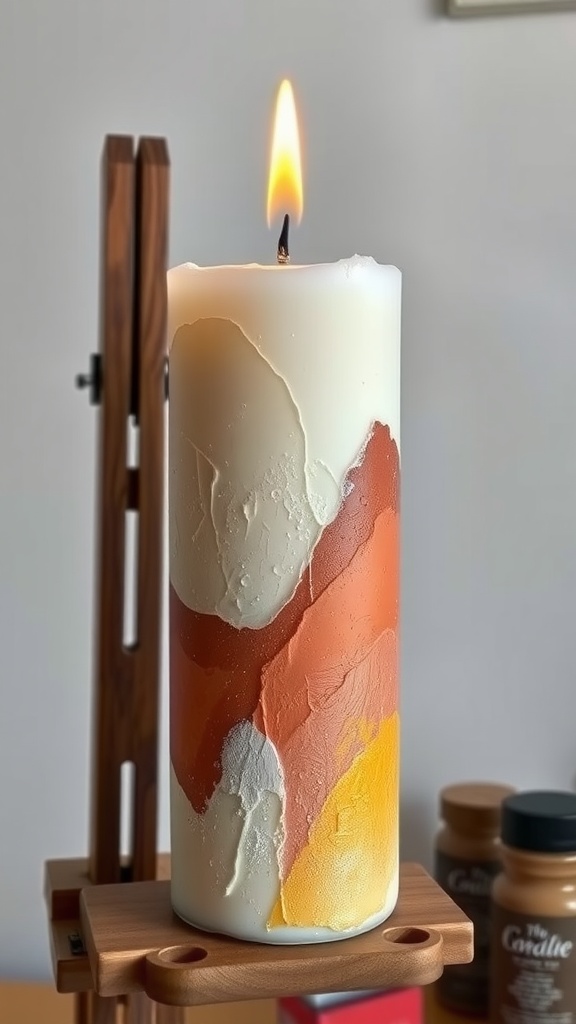 A textured abstract candle featuring a mix of colors and a warm glow from the flame.