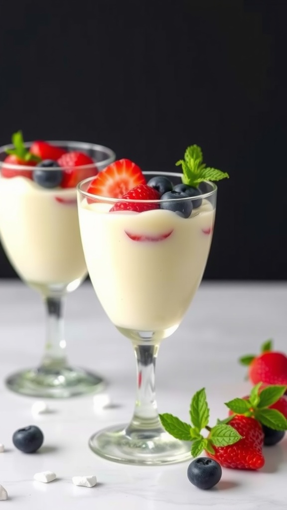 Two glasses of vanilla bean panna cotta topped with strawberries and blueberries, garnished with mint leaves.