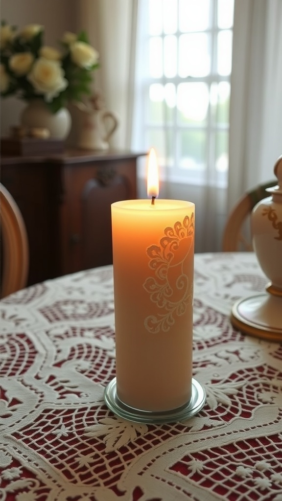 A lit candle with lace design on a lace tablecloth, creating a vintage aesthetic.