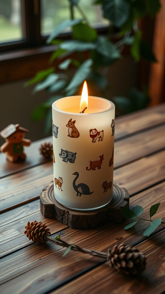 A candle with whimsical animal designs on a wooden table, surrounded by natural decor.