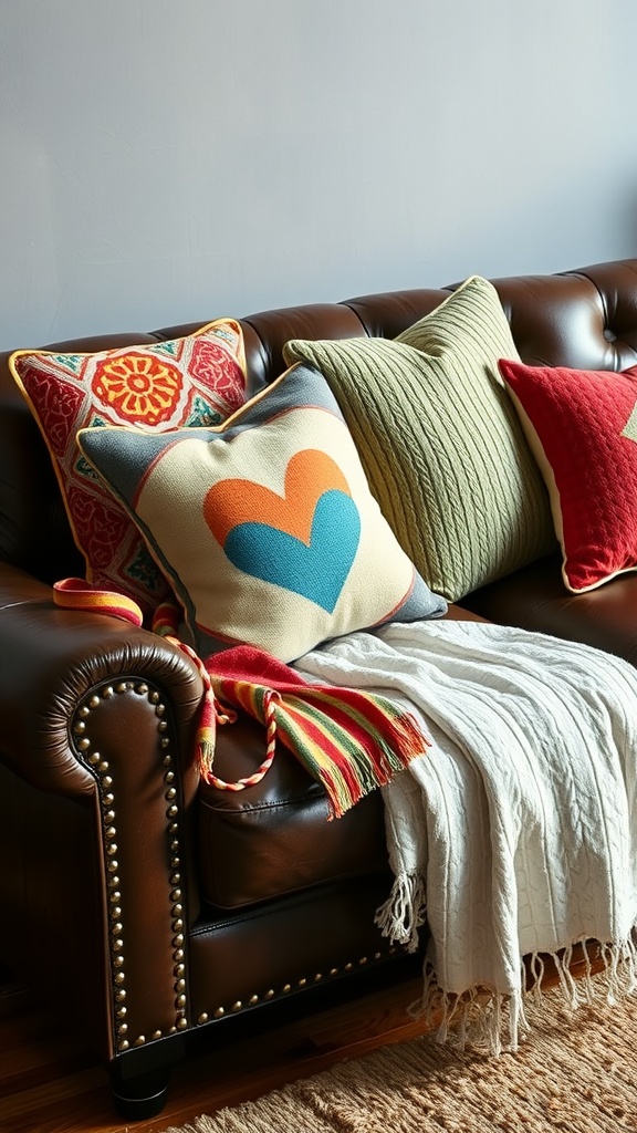 A leather living room sofa with colorful pillows and a throw blanket